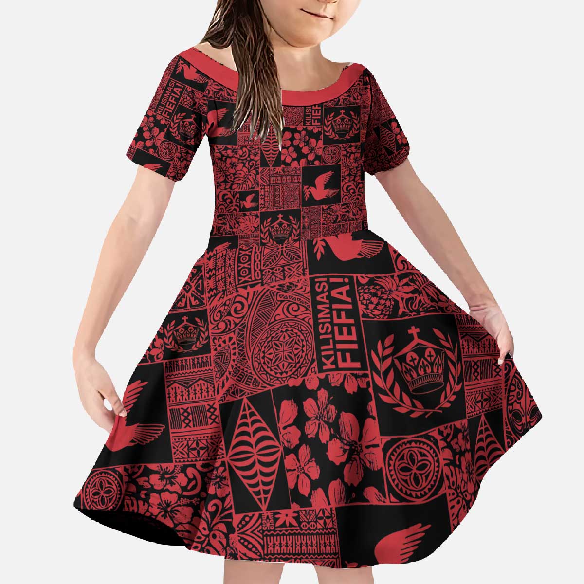 Black Tonga Kilisimasi Fiefia Family Matching Off The Shoulder Long Sleeve Dress and Hawaiian Shirt Pacific Patchwork Xmas Vibes - Polynesian Pride