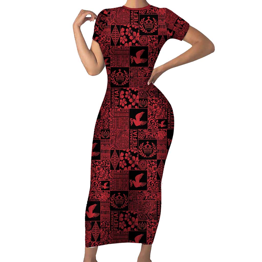 Black Tonga Kilisimasi Fiefia Family Matching Short Sleeve Bodycon Dress and Hawaiian Shirt Pacific Patchwork Xmas Vibes - Polynesian Pride