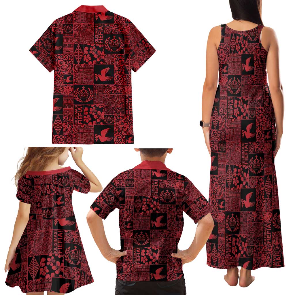 Black Tonga Kilisimasi Fiefia Family Matching Tank Maxi Dress and Hawaiian Shirt Pacific Patchwork Xmas Vibes - Polynesian Pride