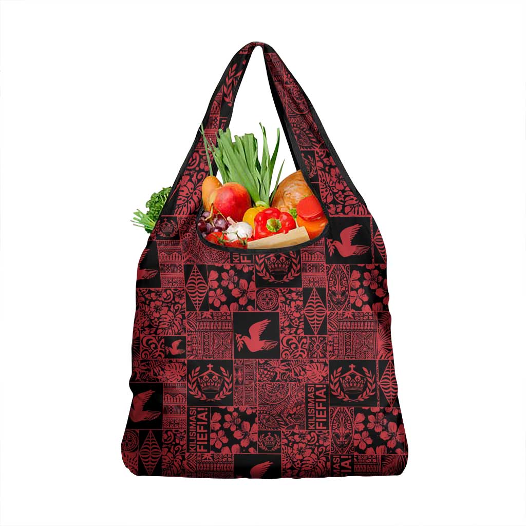 Black Tonga Kilisimasi Fiefia Grocery Bag Pacific Patchwork Xmas Vibes - Polynesian Pride
