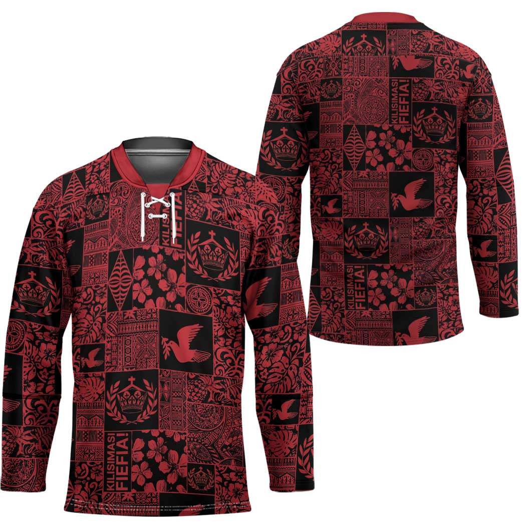 Black Tonga Kilisimasi Fiefia Hockey Jersey Pacific Patchwork Xmas Vibes - Polynesian Pride