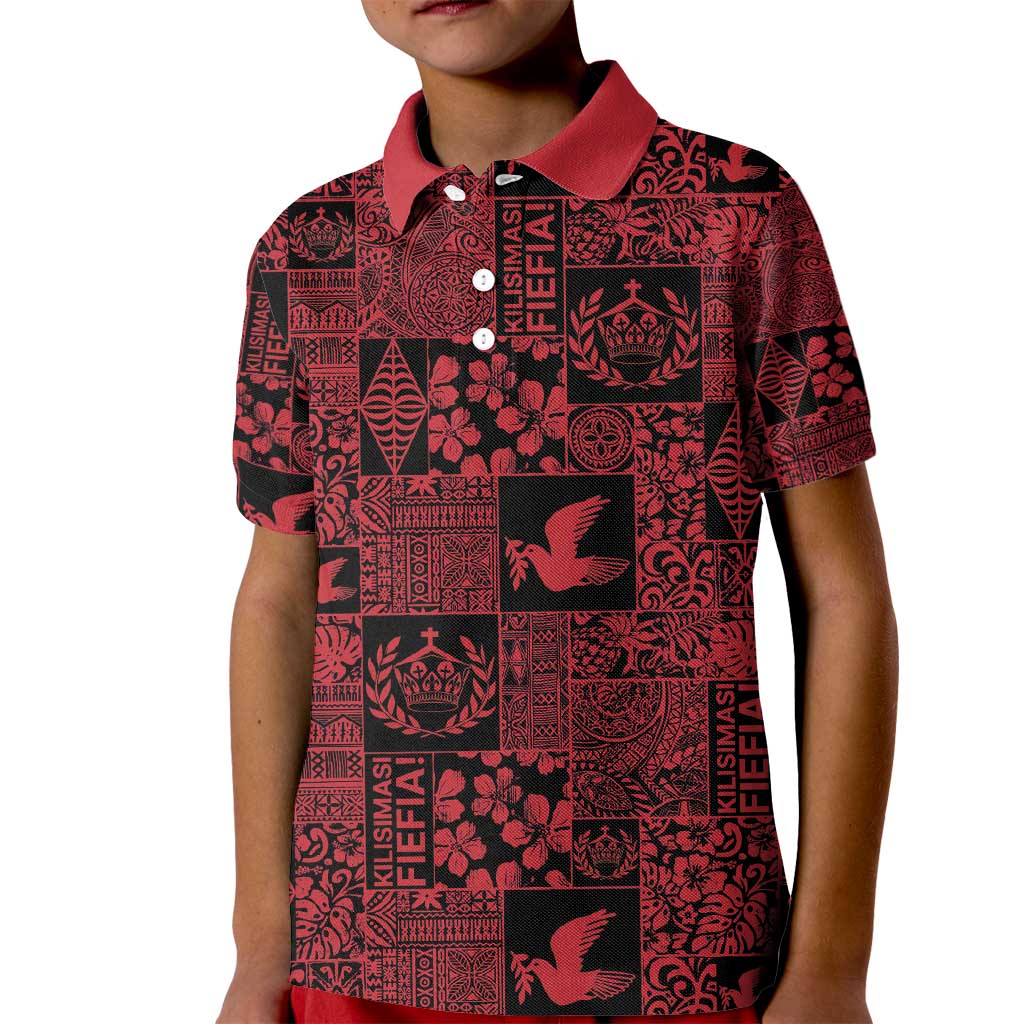 Black Tonga Kilisimasi Fiefia Kid Polo Shirt Pacific Patchwork Xmas Vibes - Polynesian Pride