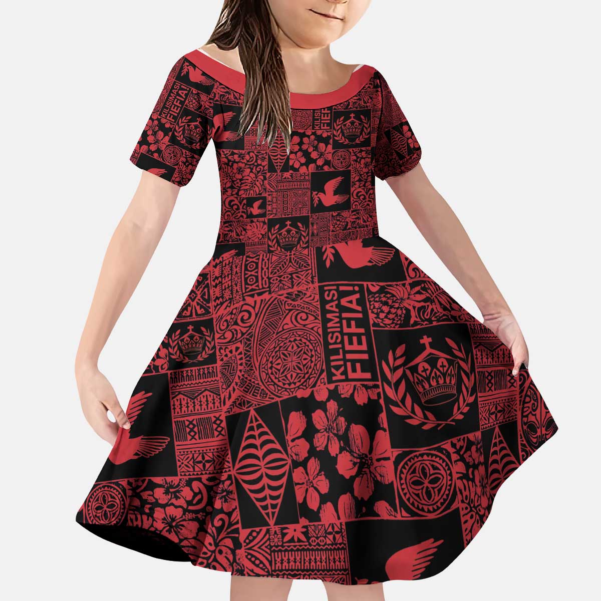Black Tonga Kilisimasi Fiefia Kid Short Sleeve Dress Pacific Patchwork Xmas Vibes - Polynesian Pride