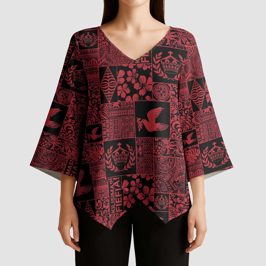 Black Tonga Kilisimasi Fiefia Kimono Sleeve Blouse Pacific Patchwork Xmas Vibes - Polynesian Pride