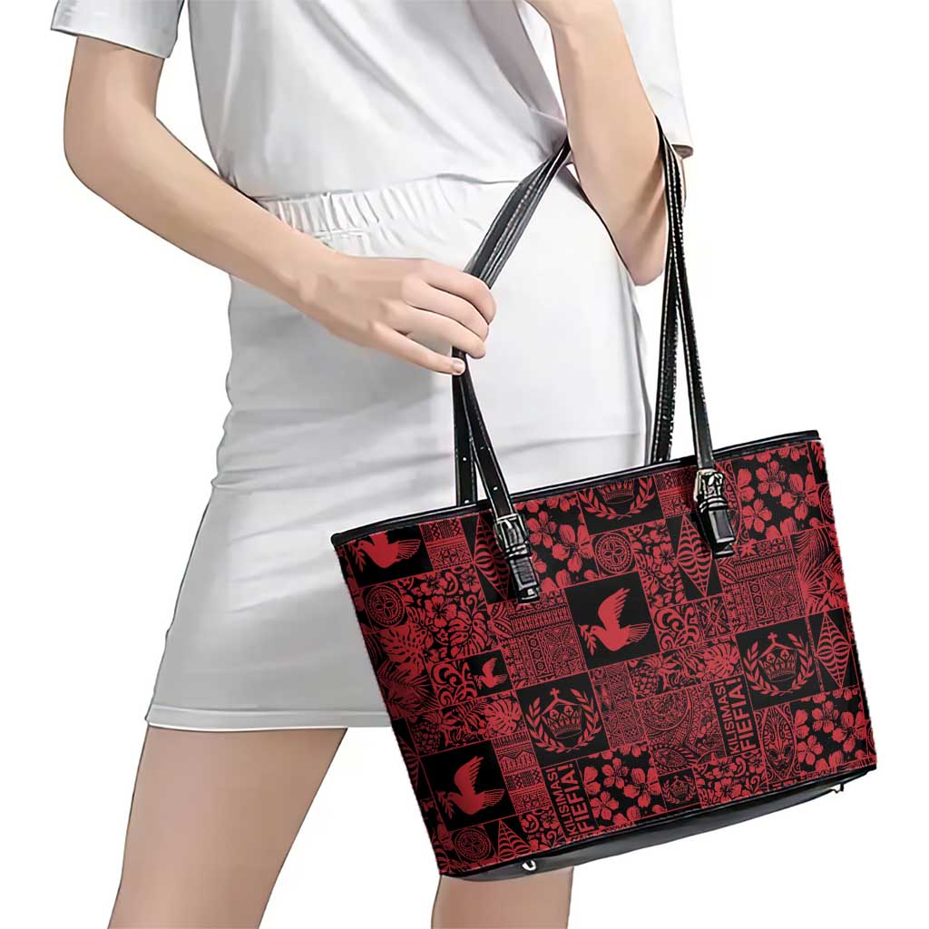 Black Tonga Kilisimasi Fiefia Leather Tote Bag Pacific Patchwork Xmas Vibes - Polynesian Pride