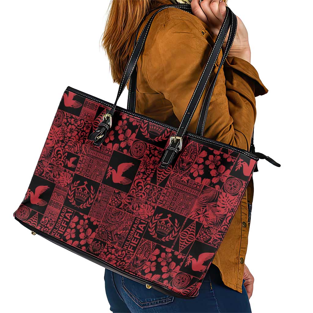 Black Tonga Kilisimasi Fiefia Leather Tote Bag Pacific Patchwork Xmas Vibes - Polynesian Pride