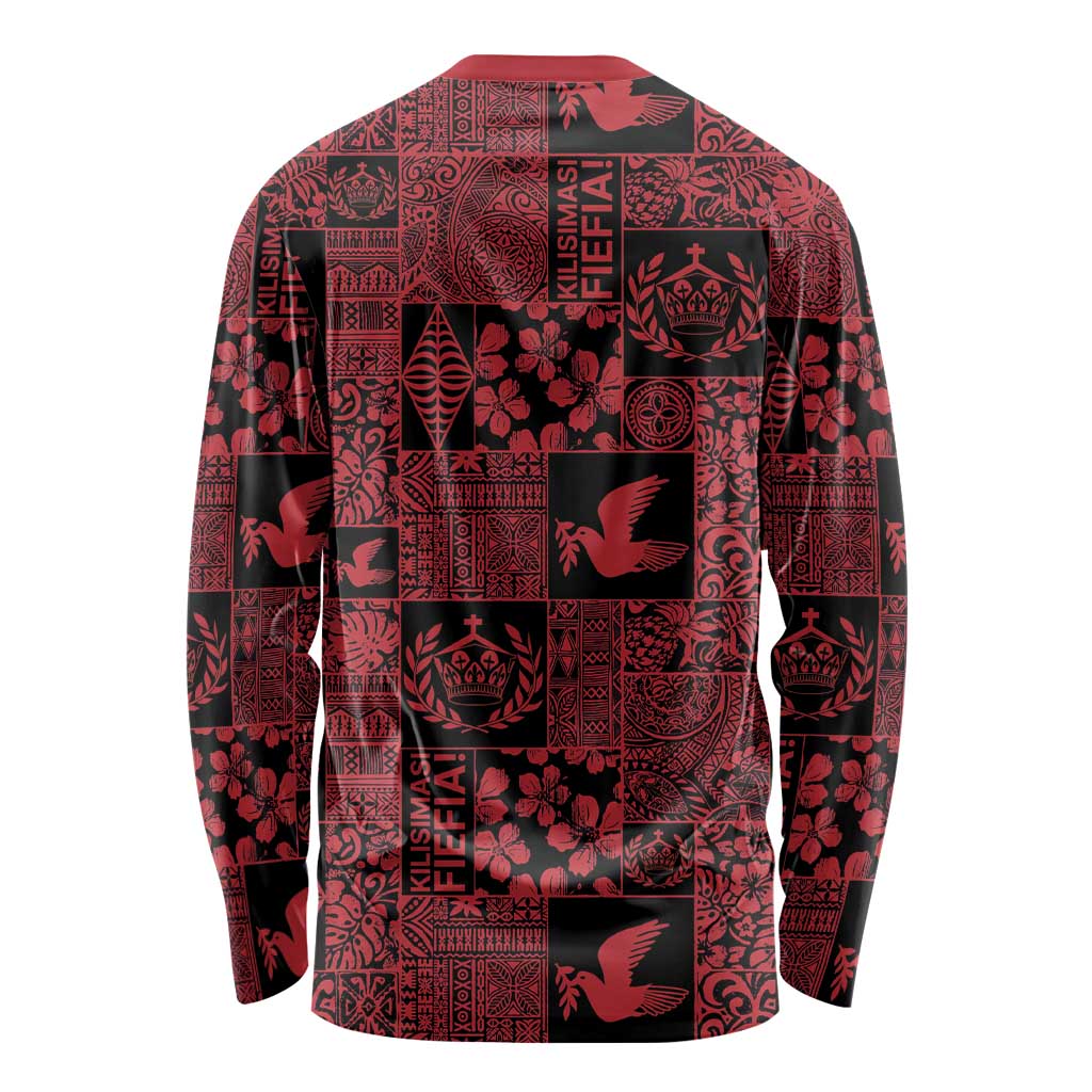 Black Tonga Kilisimasi Fiefia Long Sleeve Shirt Pacific Patchwork Xmas Vibes LT9 - Polynesian Pride