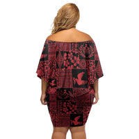 Black Tonga Kilisimasi Fiefia Off Shoulder Short Dress Pacific Patchwork Xmas Vibes - Polynesian Pride