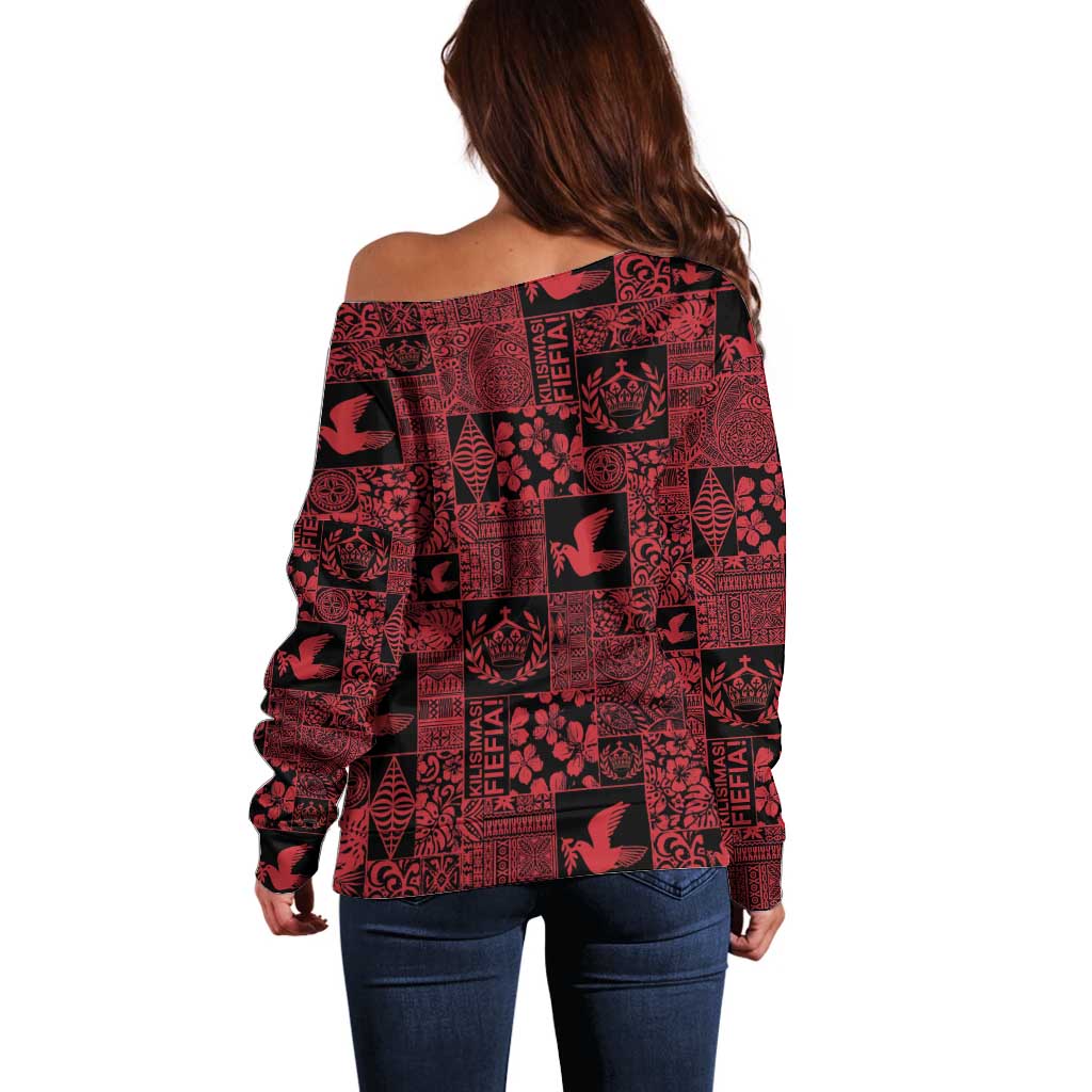 Black Tonga Kilisimasi Fiefia Off Shoulder Sweater Pacific Patchwork Xmas Vibes - Polynesian Pride