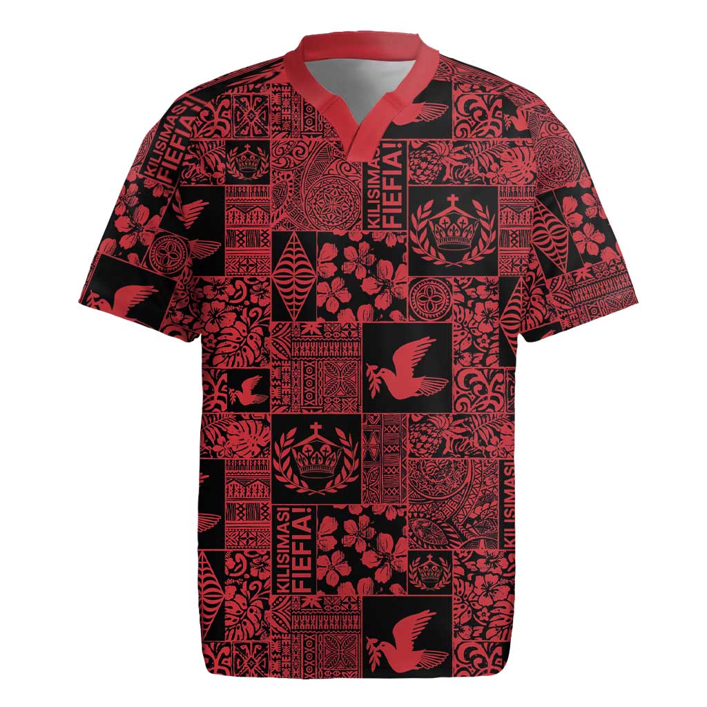 Black Tonga Kilisimasi Fiefia Rugby Jersey Pacific Patchwork Xmas Vibes - Polynesian Pride