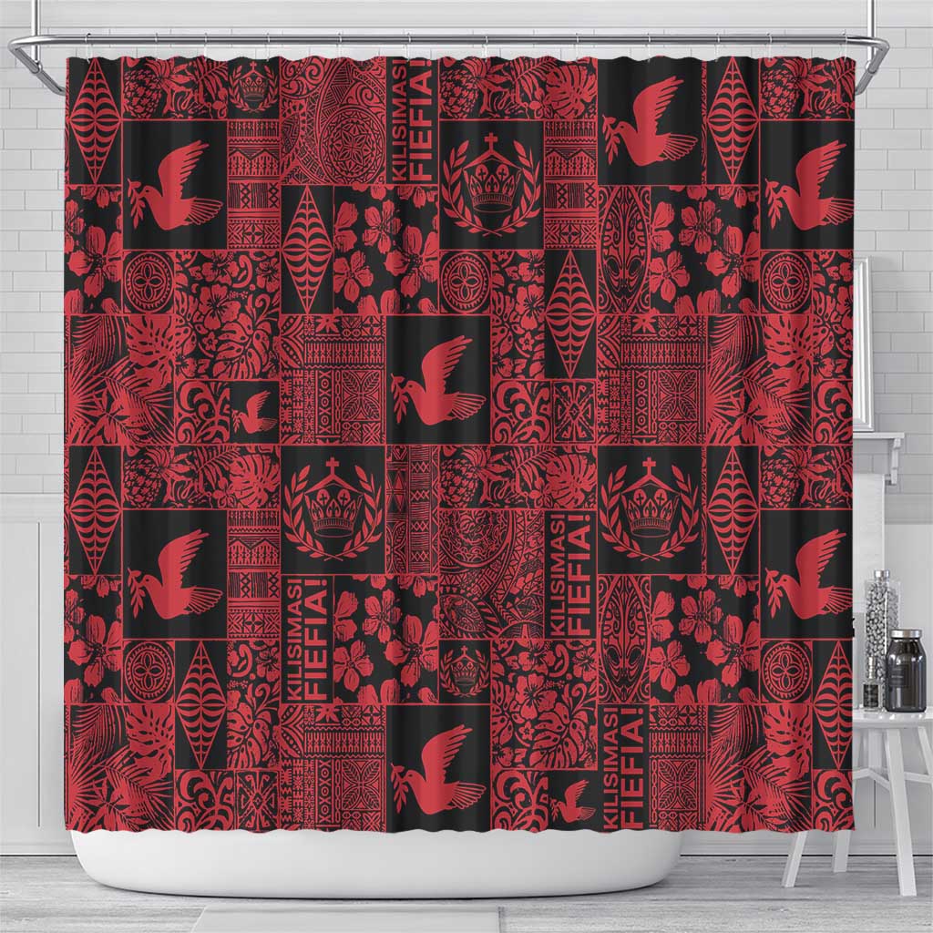 Black Tonga Kilisimasi Fiefia Shower Curtain Pacific Patchwork Xmas Vibes - Polynesian Pride