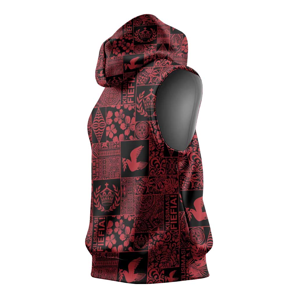 Black Tonga Kilisimasi Fiefia Sleeveless Hoodie Pacific Patchwork Xmas Vibes - Polynesian Pride