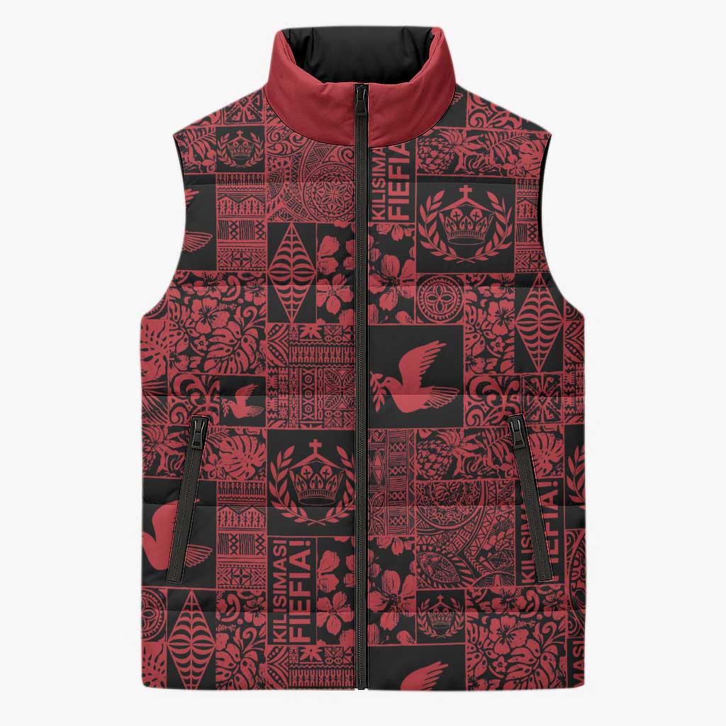 Black Tonga Kilisimasi Fiefia Sleeveless Puffer Jacket Pacific Patchwork Xmas Vibes - Polynesian Pride