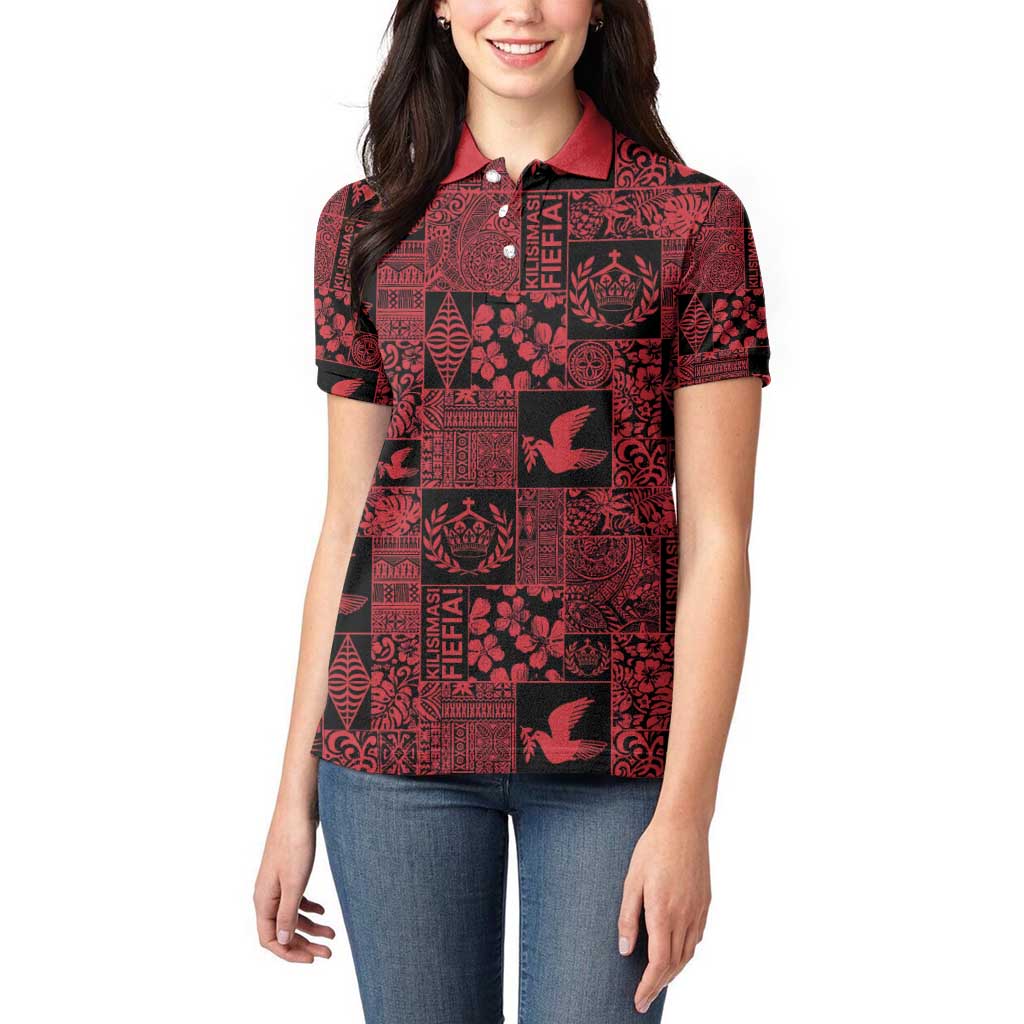 Black Tonga Kilisimasi Fiefia Women Polo Shirt Pacific Patchwork Xmas Vibes - Polynesian Pride