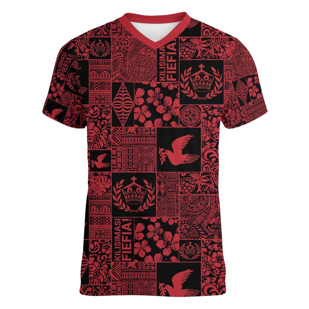 Black Tonga Kilisimasi Fiefia Women V-Neck T-Shirt Pacific Patchwork Xmas Vibes - Polynesian Pride