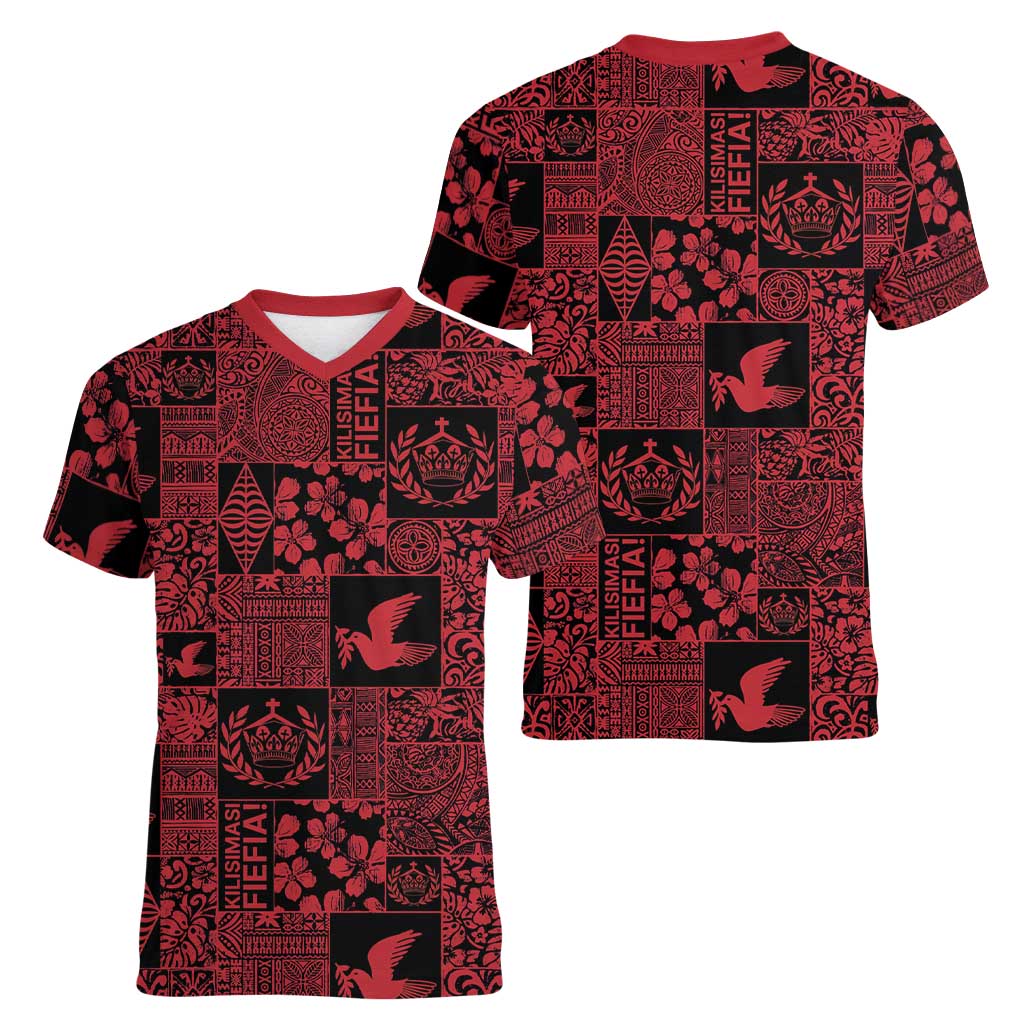 Black Tonga Kilisimasi Fiefia Women V-Neck T-Shirt Pacific Patchwork Xmas Vibes - Polynesian Pride