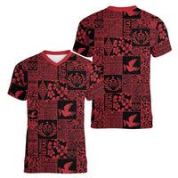 Black Tonga Kilisimasi Fiefia Women V-Neck T-Shirt Pacific Patchwork Xmas Vibes - Polynesian Pride