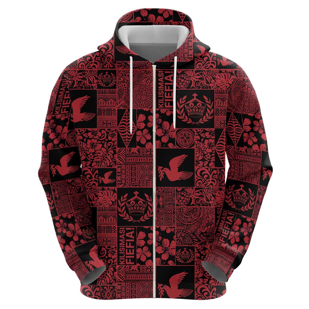 Black Tonga Kilisimasi Fiefia Zip Hoodie Pacific Patchwork Xmas Vibes - Polynesian Pride