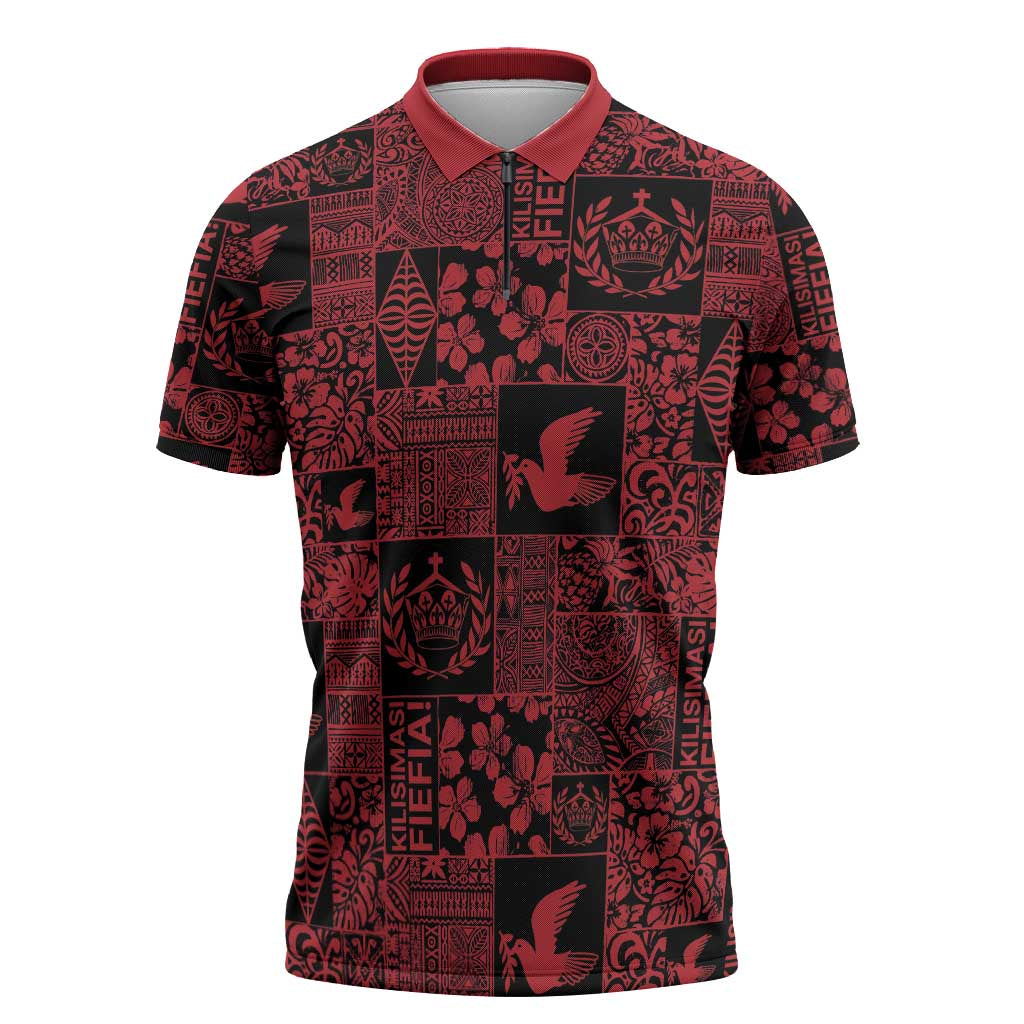 Black Tonga Kilisimasi Fiefia Zipper Polo Shirt Pacific Patchwork Xmas Vibes - Polynesian Pride