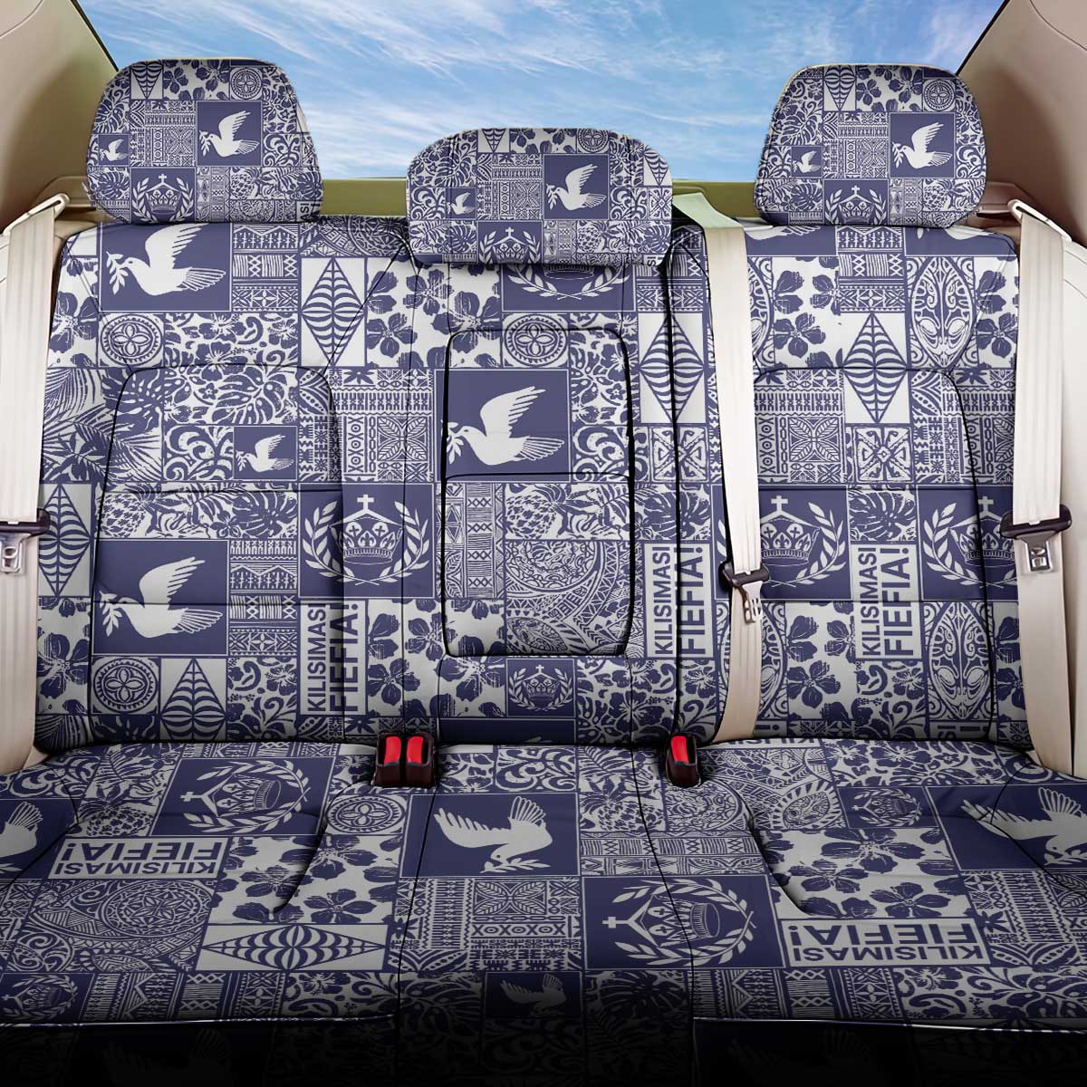 Blue Tonga Kilisimasi Fiefia Back Car Seat Cover Pacific Patchwork Xmas Vibes - Polynesian Pride