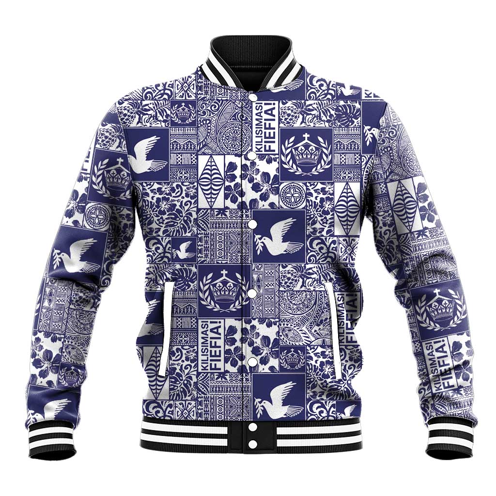 Blue Tonga Kilisimasi Fiefia Baseball Jacket Pacific Patchwork Xmas Vibes - Polynesian Pride