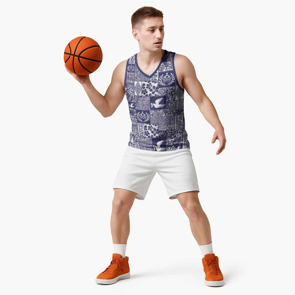 Blue Tonga Kilisimasi Fiefia Basketball Jersey Pacific Patchwork Xmas Vibes - Polynesian Pride
