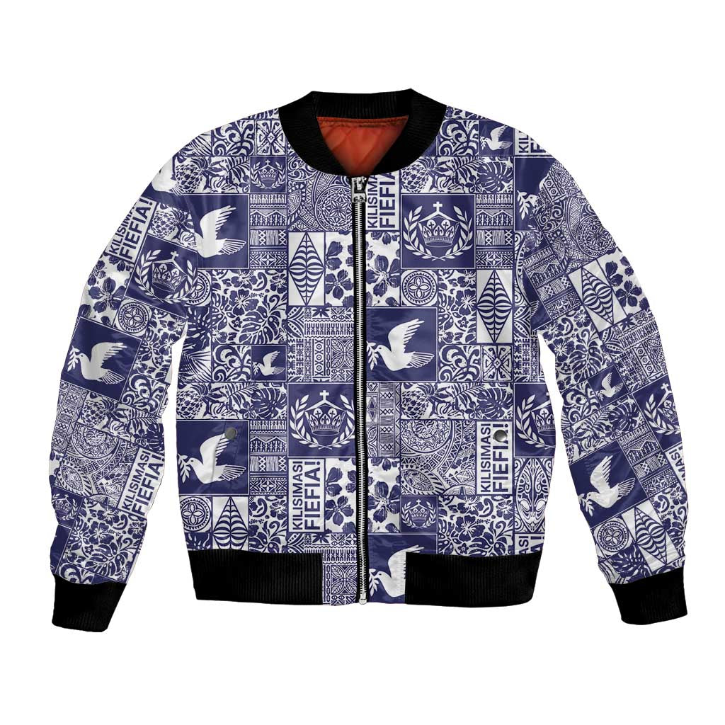 Blue Tonga Kilisimasi Fiefia Bomber Jacket Pacific Patchwork Xmas Vibes - Polynesian Pride