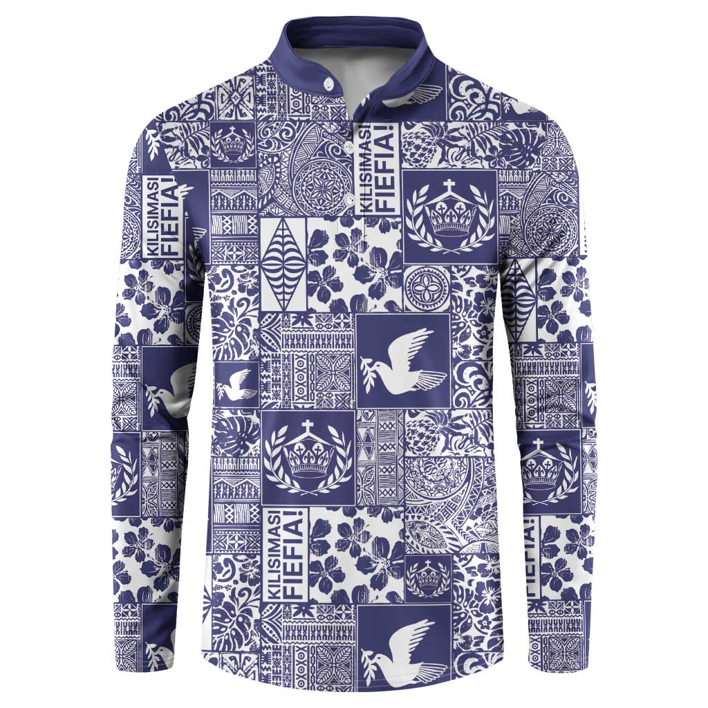Blue Tonga Kilisimasi Fiefia Button Sweatshirt Pacific Patchwork Xmas Vibes - Polynesian Pride