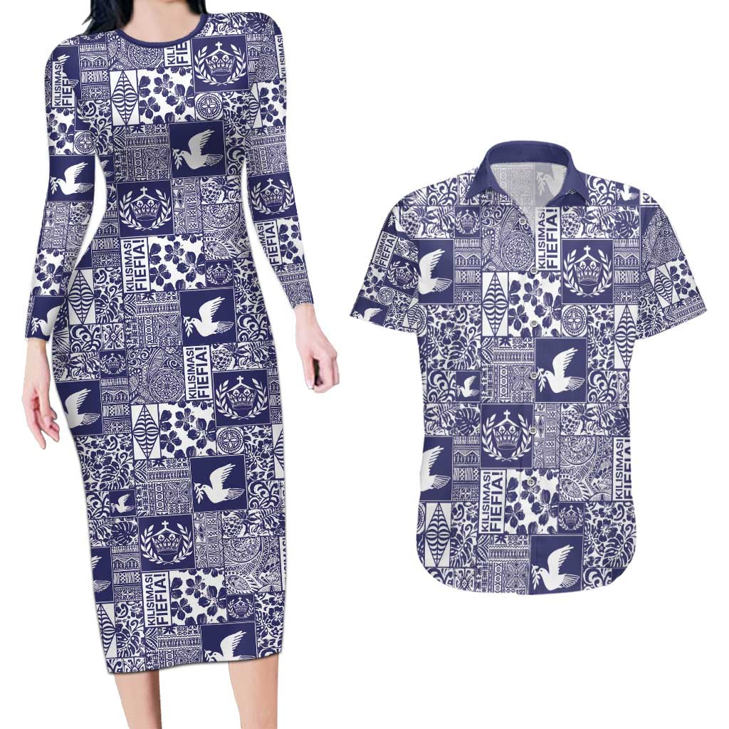 Blue Tonga Kilisimasi Fiefia Couples Matching Long Sleeve Bodycon Dress and Hawaiian Shirt Pacific Patchwork Xmas Vibes - Polynesian Pride