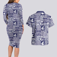 Blue Tonga Kilisimasi Fiefia Couples Matching Long Sleeve Bodycon Dress and Hawaiian Shirt Pacific Patchwork Xmas Vibes - Polynesian Pride