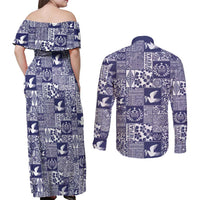 Blue Tonga Kilisimasi Fiefia Couples Matching Off Shoulder Maxi Dress and Long Sleeve Button Shirt Pacific Patchwork Xmas Vibes - Polynesian Pride