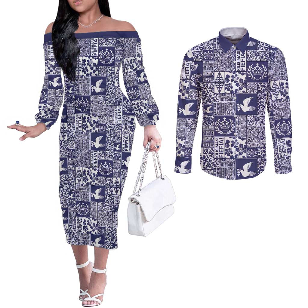 Blue Tonga Kilisimasi Fiefia Couples Matching Off The Shoulder Long Sleeve Dress and Long Sleeve Button Shirt Pacific Patchwork Xmas Vibes - Polynesian Pride