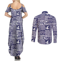 Blue Tonga Kilisimasi Fiefia Couples Matching Summer Maxi Dress and Long Sleeve Button Shirt Pacific Patchwork Xmas Vibes - Polynesian Pride
