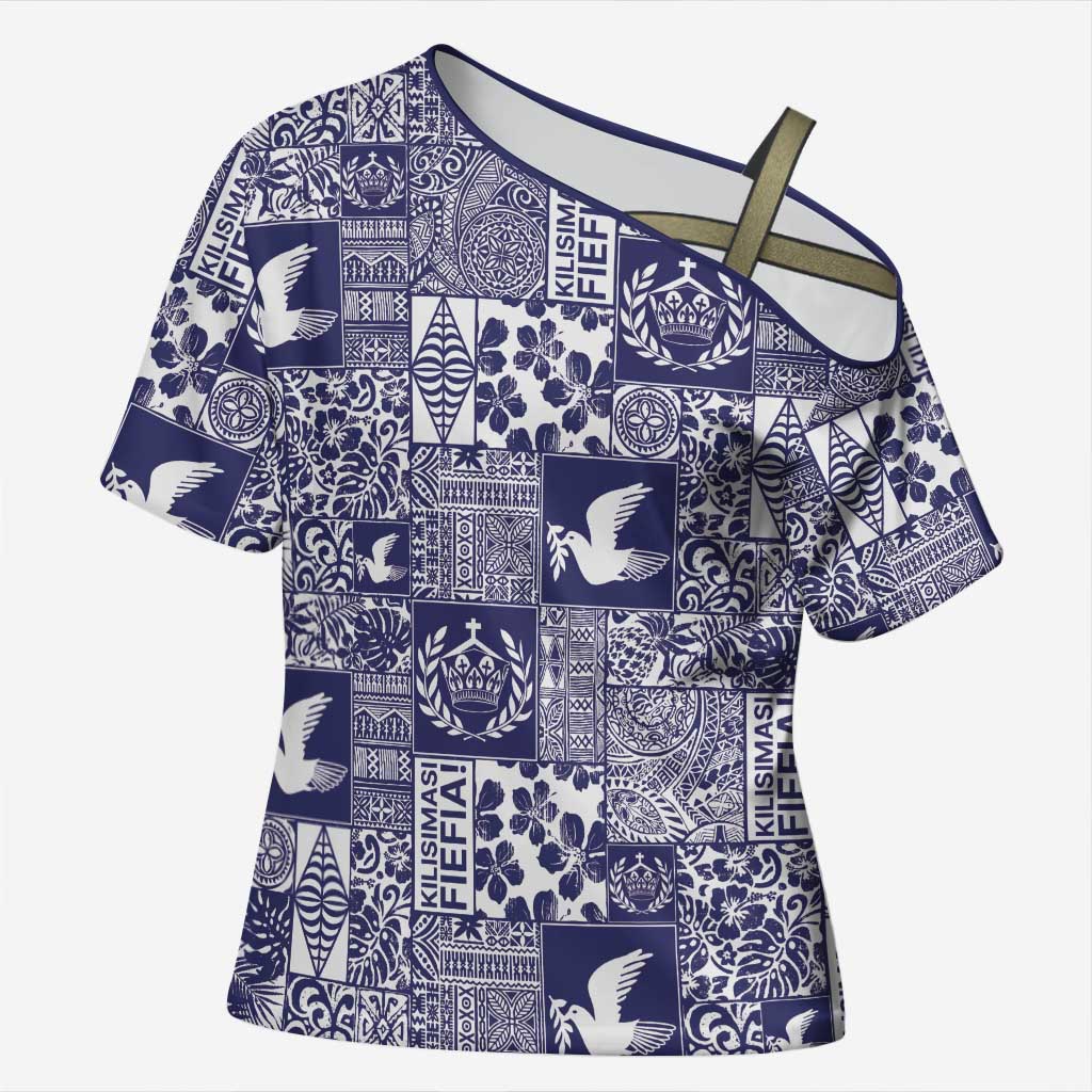 Blue Tonga Kilisimasi Fiefia Cross Shoulder Shirt Pacific Patchwork Xmas Vibes LT9 Female Blue - Polynesian Pride