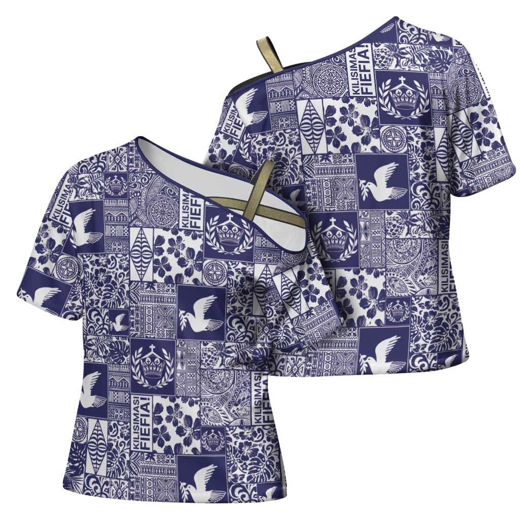 Blue Tonga Kilisimasi Fiefia Cross Shoulder Shirt Pacific Patchwork Xmas Vibes LT9 - Polynesian Pride
