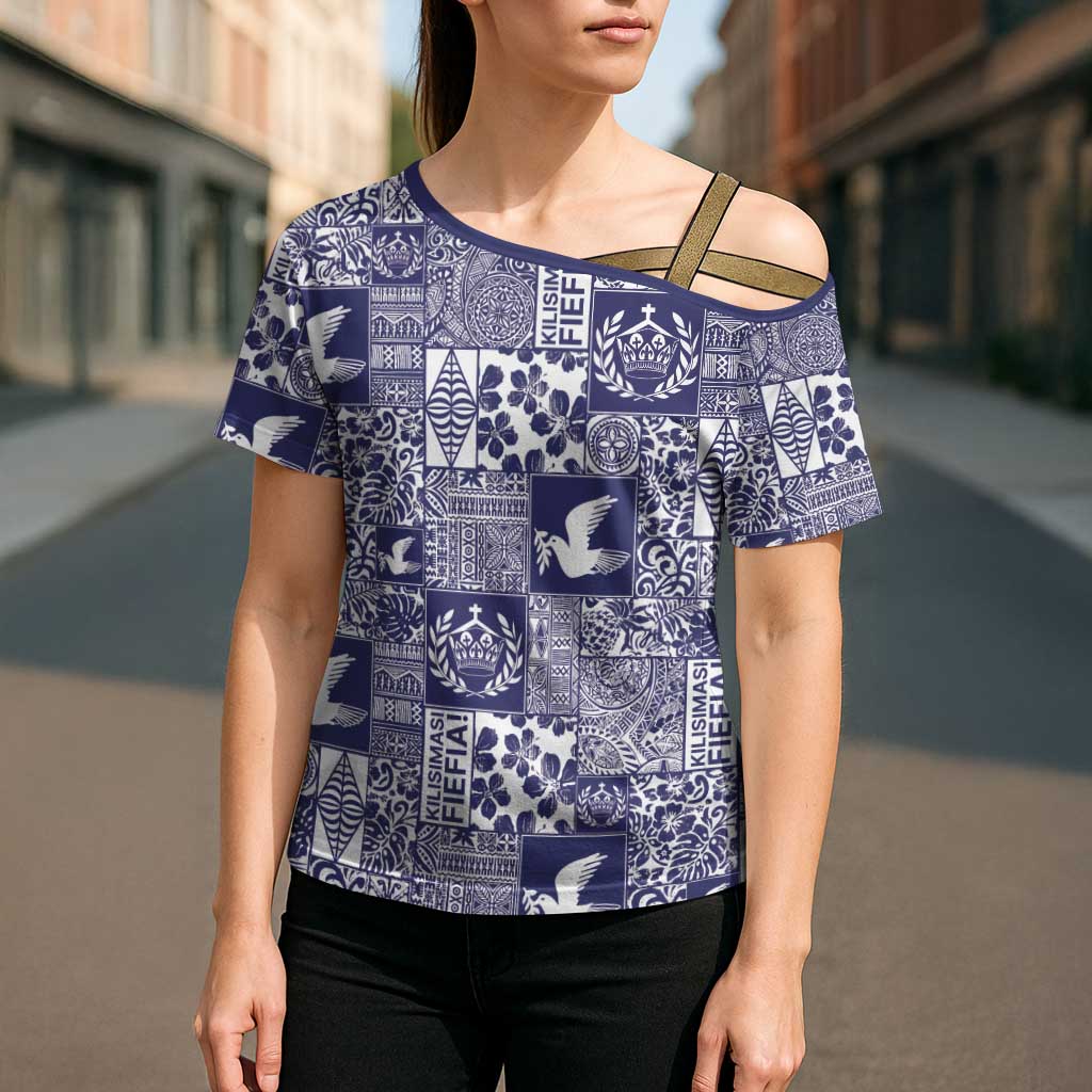 Blue Tonga Kilisimasi Fiefia Cross Shoulder Shirt Pacific Patchwork Xmas Vibes LT9 - Polynesian Pride
