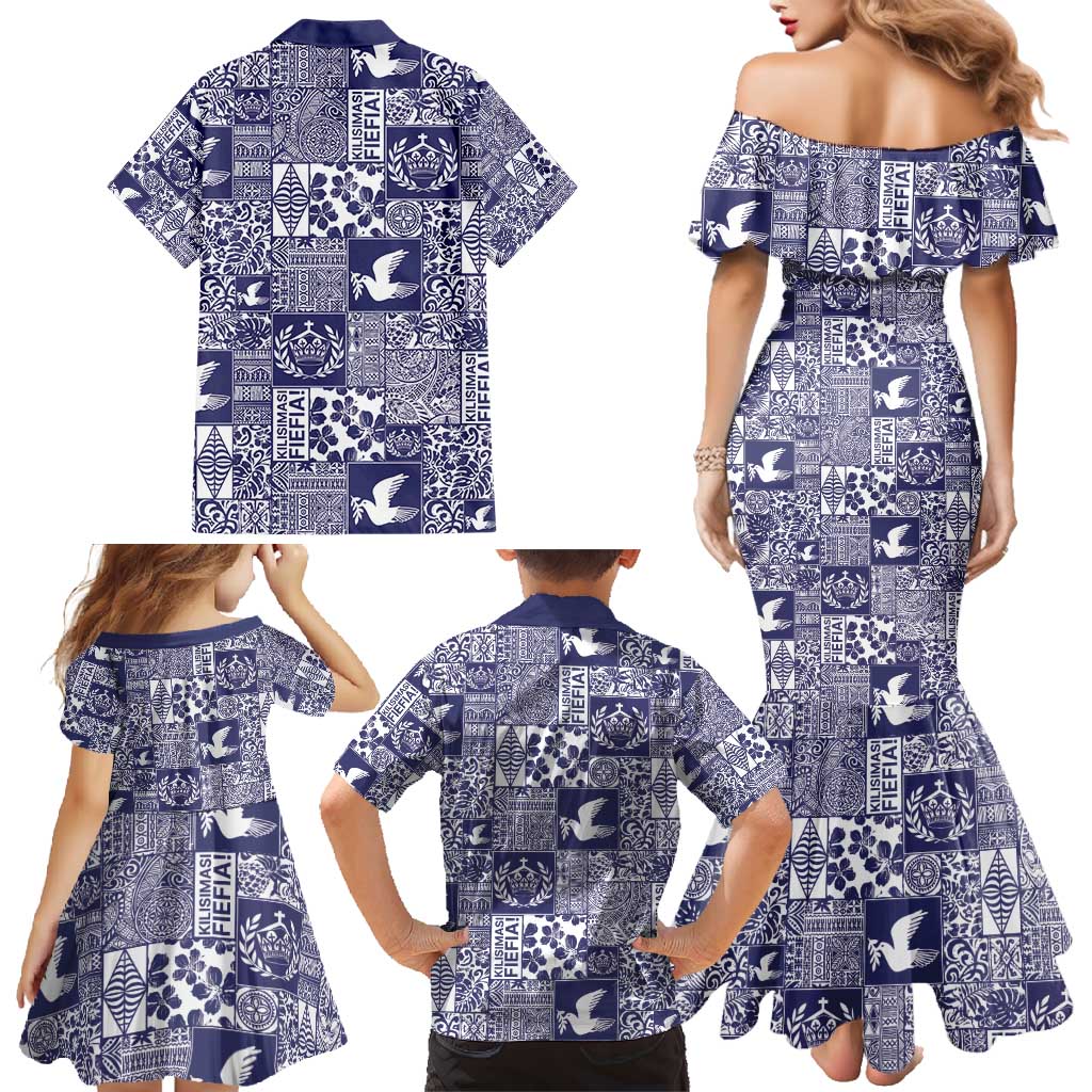 Blue Tonga Kilisimasi Fiefia Family Matching Mermaid Dress and Hawaiian Shirt Pacific Patchwork Xmas Vibes - Polynesian Pride
