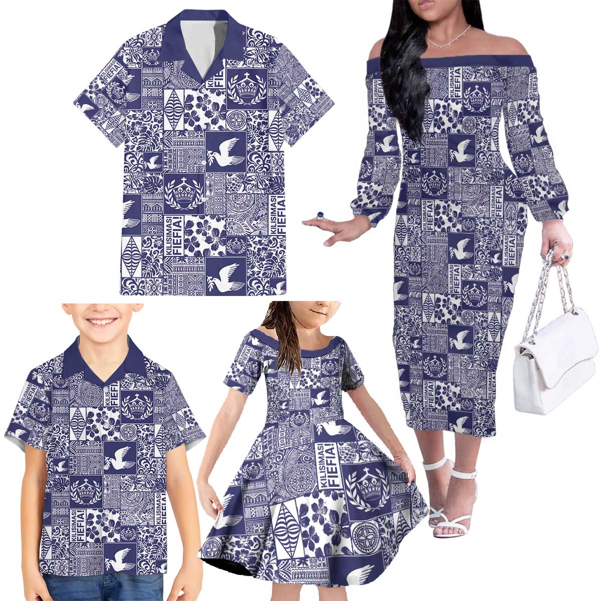 Blue Tonga Kilisimasi Fiefia Family Matching Off The Shoulder Long Sleeve Dress and Hawaiian Shirt Pacific Patchwork Xmas Vibes - Polynesian Pride
