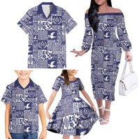 Blue Tonga Kilisimasi Fiefia Family Matching Off The Shoulder Long Sleeve Dress and Hawaiian Shirt Pacific Patchwork Xmas Vibes - Polynesian Pride