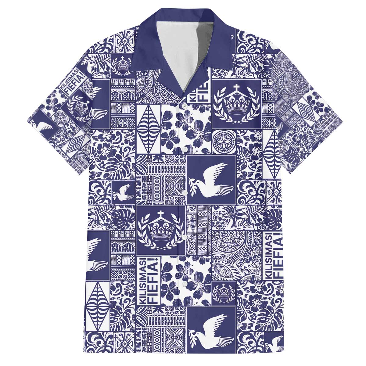 Blue Tonga Kilisimasi Fiefia Family Matching Off The Shoulder Long Sleeve Dress and Hawaiian Shirt Pacific Patchwork Xmas Vibes - Polynesian Pride