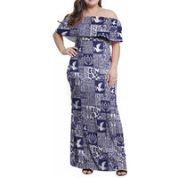 Blue Tonga Kilisimasi Fiefia Family Matching Off Shoulder Maxi Dress and Hawaiian Shirt Pacific Patchwork Xmas Vibes - Polynesian Pride
