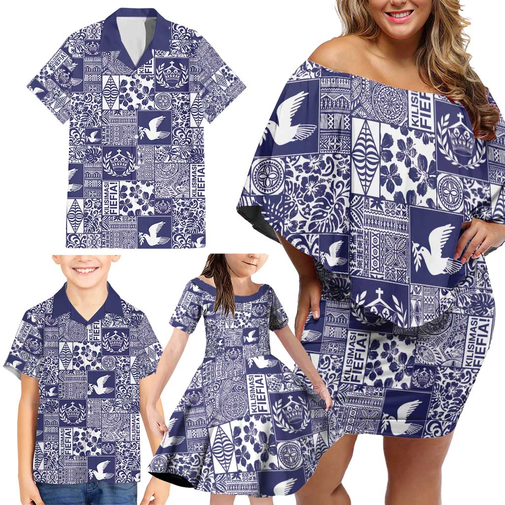 Blue Tonga Kilisimasi Fiefia Family Matching Off Shoulder Short Dress and Hawaiian Shirt Pacific Patchwork Xmas Vibes - Polynesian Pride
