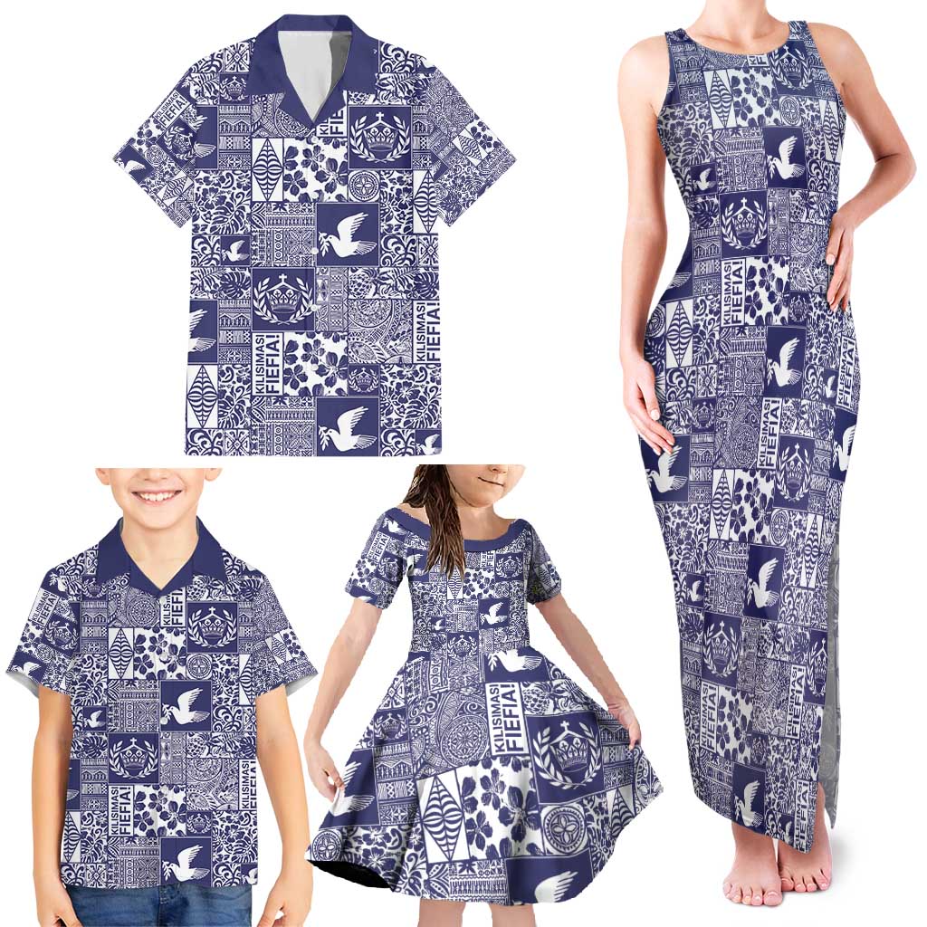 Blue Tonga Kilisimasi Fiefia Family Matching Tank Maxi Dress and Hawaiian Shirt Pacific Patchwork Xmas Vibes - Polynesian Pride