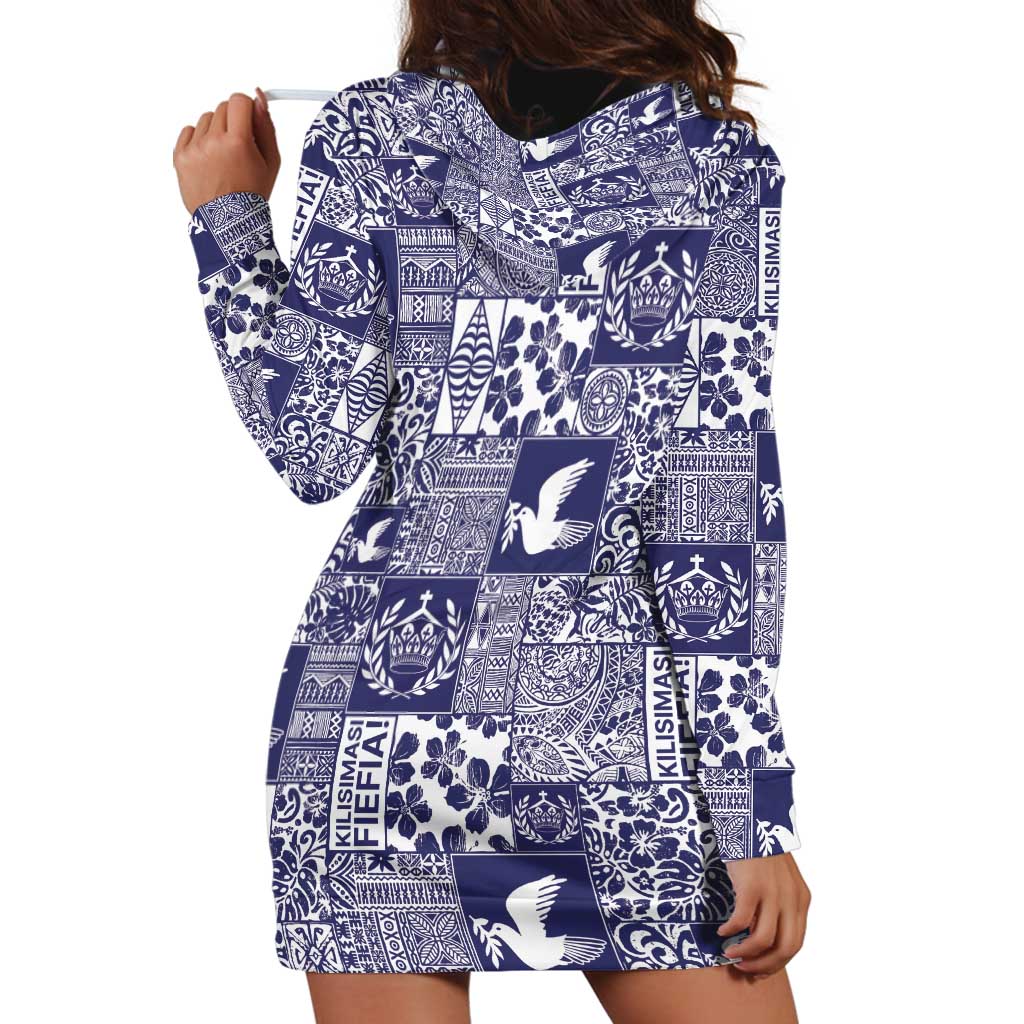 Blue Tonga Kilisimasi Fiefia Hoodie Dress Pacific Patchwork Xmas Vibes - Polynesian Pride