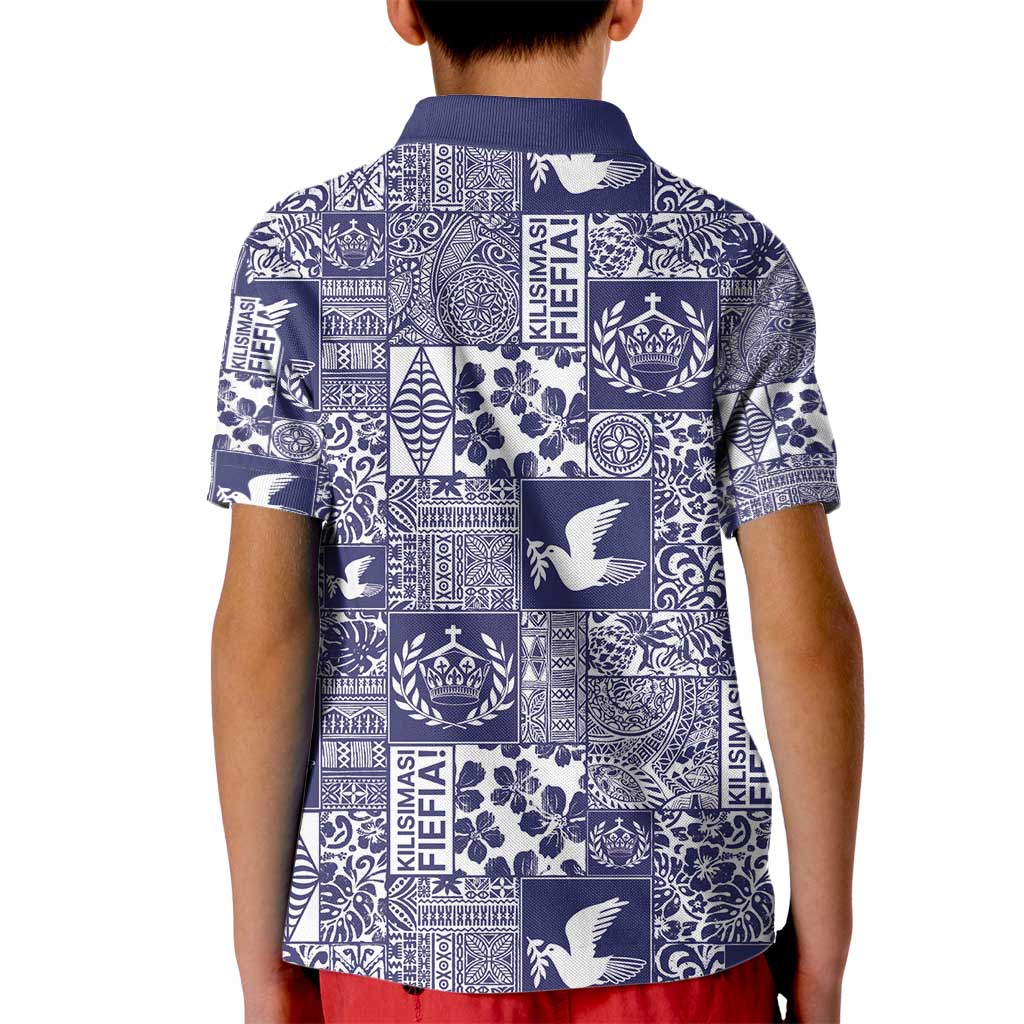 Blue Tonga Kilisimasi Fiefia Kid Polo Shirt Pacific Patchwork Xmas Vibes - Polynesian Pride