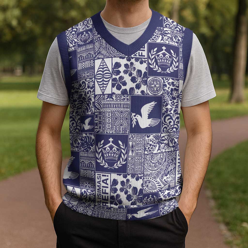 Blue Tonga Kilisimasi Fiefia Christmas Knitted V-Neck Vest Pacific Patchwork Xmas Vibes - Polynesian Pride