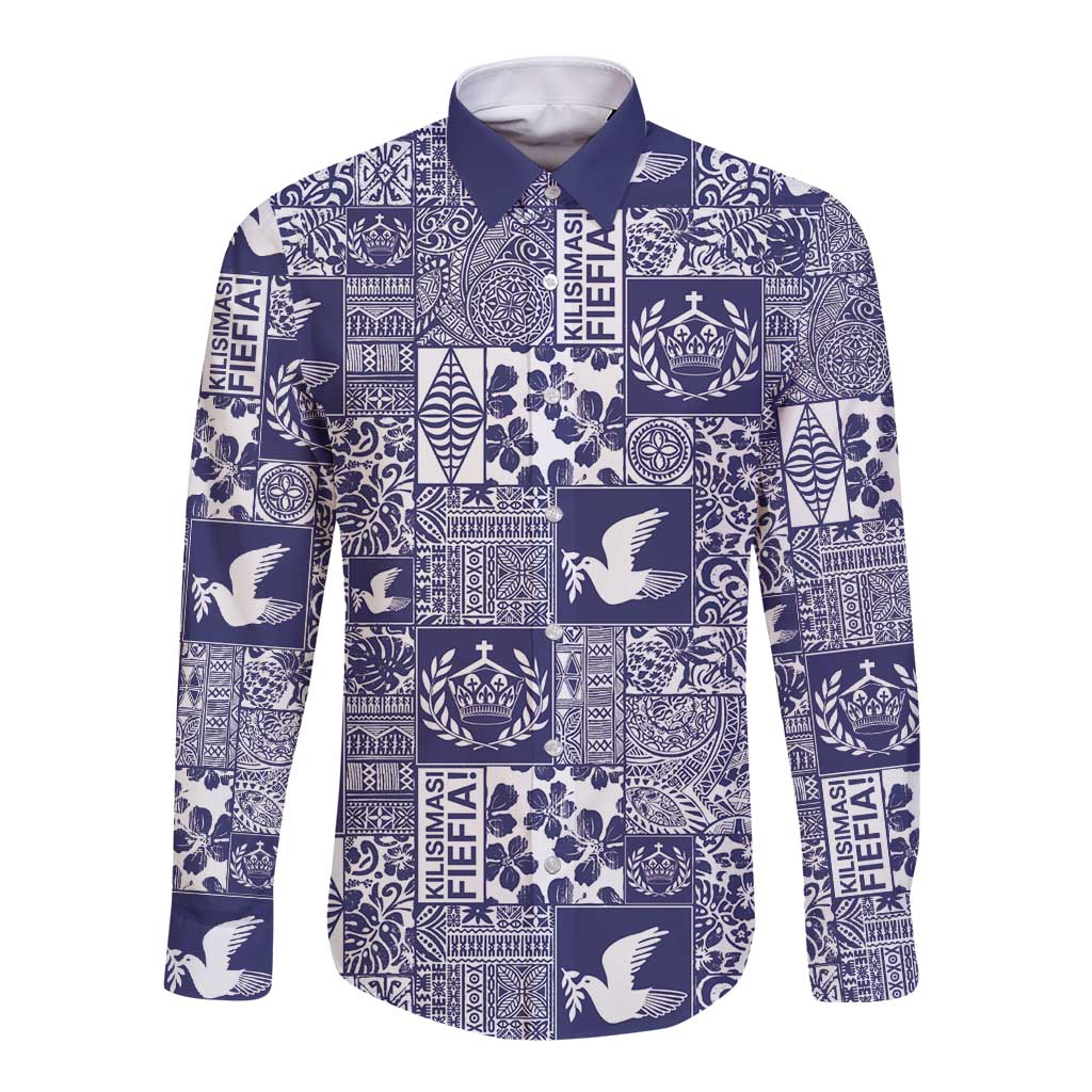 Blue Tonga Kilisimasi Fiefia Long Sleeve Button Shirt Pacific Patchwork Xmas Vibes - Polynesian Pride