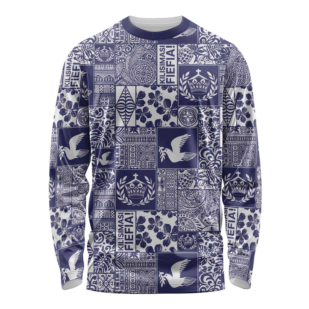 Blue Tonga Kilisimasi Fiefia Long Sleeve Shirt Pacific Patchwork Xmas Vibes LT9 Unisex Blue - Polynesian Pride