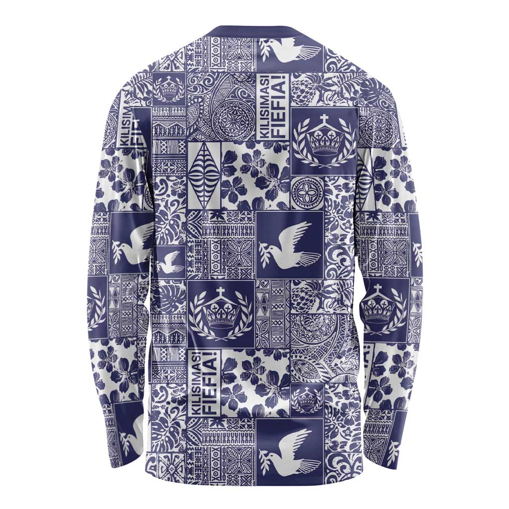 Blue Tonga Kilisimasi Fiefia Long Sleeve Shirt Pacific Patchwork Xmas Vibes LT9 - Polynesian Pride