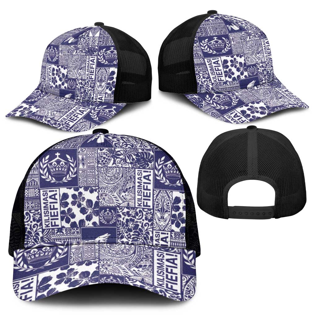 Blue Tonga Kilisimasi Fiefia Mesh Trucker Cap Pacific Patchwork Xmas Vibes - Polynesian Pride
